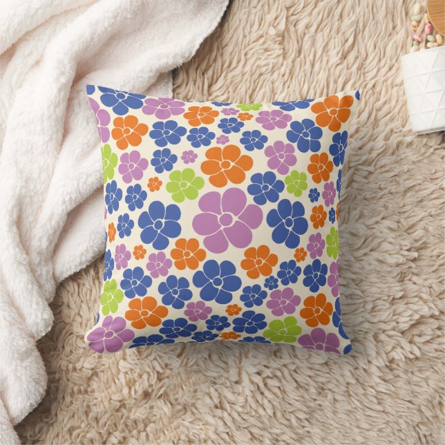 Flower Pattern - Blue, Orange, Purple, Green Throw Pillow (Blanket)