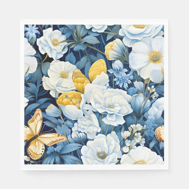 Flower Pattern, blue, white, golden yellow, Napkins (Front)
