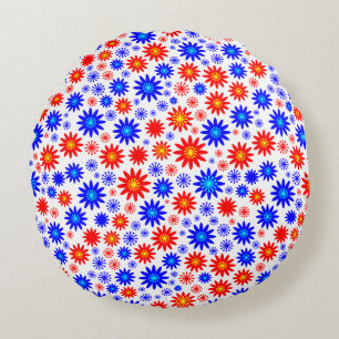 Flower Pattern - Blues with Red, Yellow and White Round Pillow