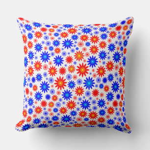 Flower Pattern - Blues with Red, Yellow and White Throw Pillow