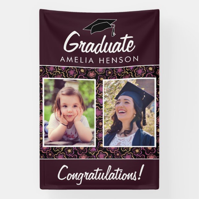 Flower Pattern Congratulations Graduate 2 Photo Banner (Vertical)