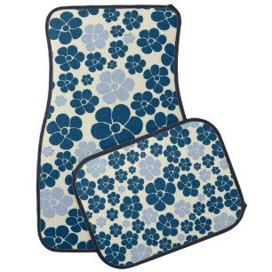 Flower Pattern - Dark Blue, Light Blue and Cream Car Floor Mat