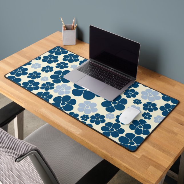 Flower Pattern - Dark Blue, Light Blue and Cream Desk Mat (Office 2)