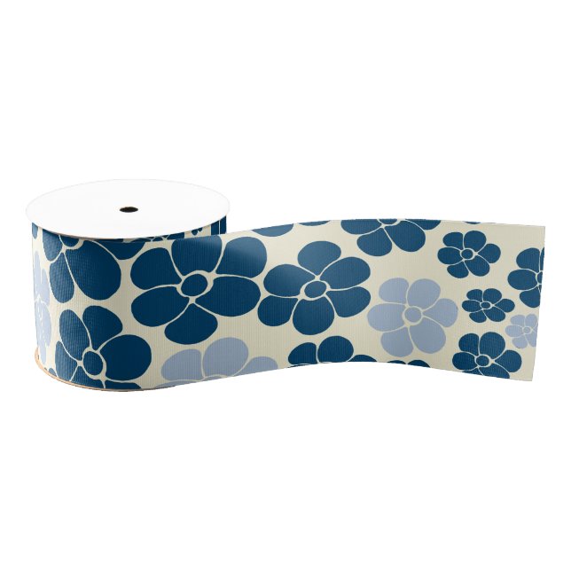 Flower Pattern - Dark Blue, Light Blue and Cream Grosgrain Ribbon (Spool)