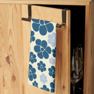 Flower Pattern - Dark Blue, Light Blue and Cream Kitchen Towel