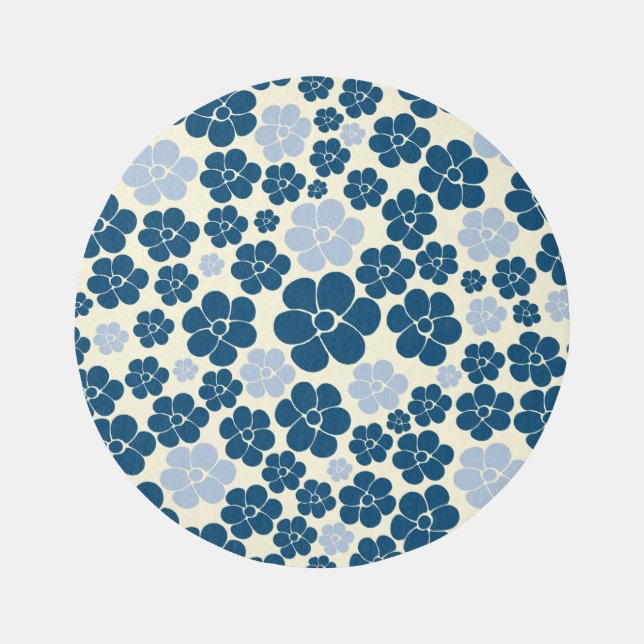Flower Pattern - Dark Blue, Light Blue and Cream Rug (Front)