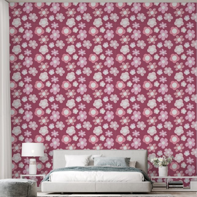 flower pattern dark pink wallpaper  (Bedroom)
