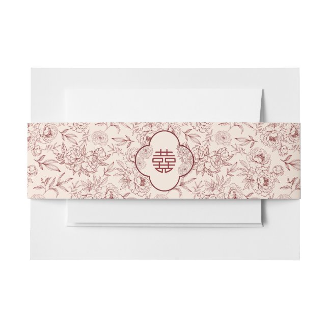 Flower Pattern Double Xi Chinese Wedding Invitation Belly Band (Front Example)