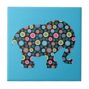 Flower Pattern Elephant on Blue Ceramic Tile