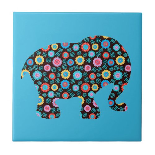 Flower Pattern Elephant on Blue Ceramic Tile