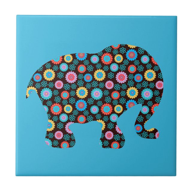 Flower Pattern Elephant on Blue Ceramic Tile (Front)