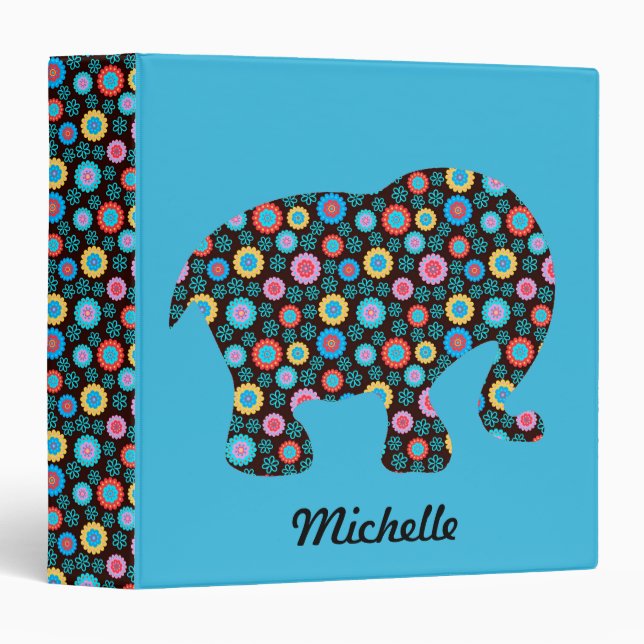 Flower Pattern Elephant on Blue Personalised 3 Ring Binder (Front/Spine)