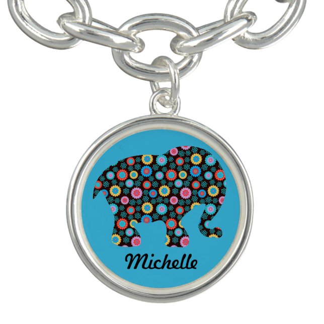 Flower Pattern Elephant on Blue Personalised Bracelet (Design)