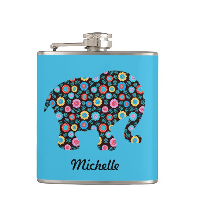 Flower Pattern Elephant on Blue Personalised Flask (Front)