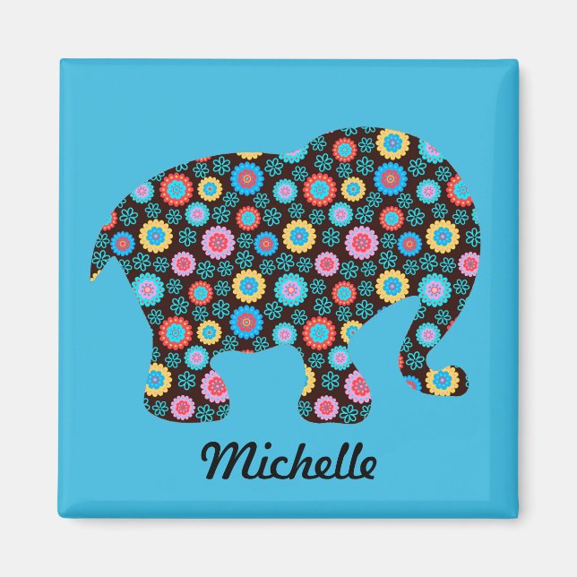 Flower Pattern Elephant on Blue Personalised Magnet (Front)