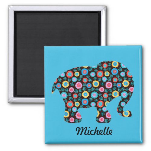 Flower Pattern Elephant on Blue Personalised Magnet