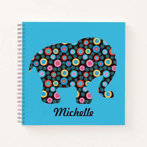 Flower Pattern Elephant on Blue Personalised Notebook