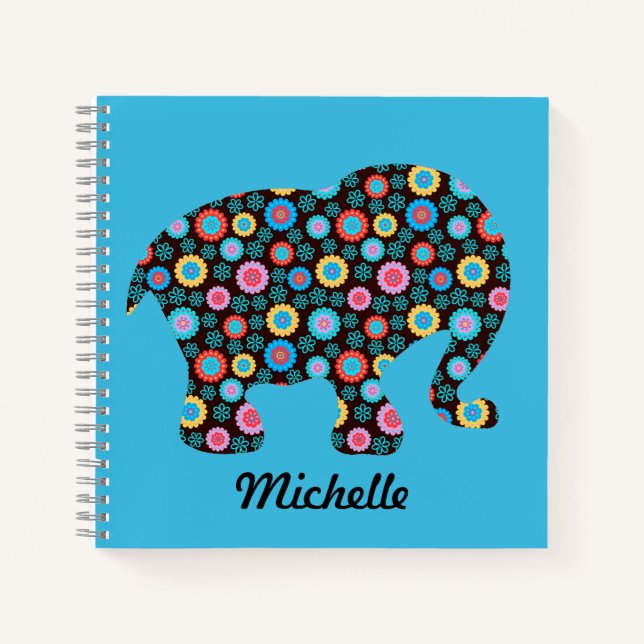 Flower Pattern Elephant on Blue Personalised Notebook (Front)