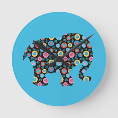 Flower Pattern Elephant on Blue Round Clock