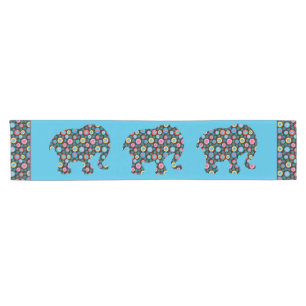 Flower Pattern Elephant on Blue Short Table Runner