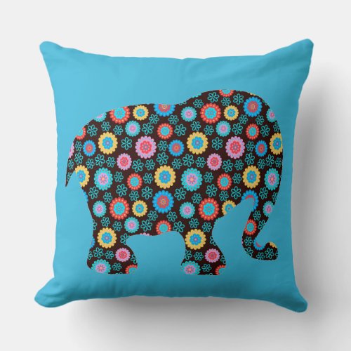 Flower Pattern Elephant on Blue Throw Pillow