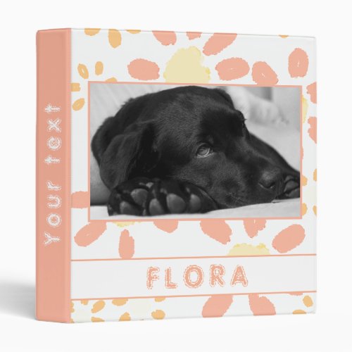 Flower Pattern Floral Pet Dog Photo Album Binder - Flower Pattern Floral Pet Dog Photo Album Binder. The binder has a photo of a pet, pet`s name and floral background in pink, yellow and white colors. Personalize with your dog or any other pet photo and your dog or pet name and change or erase the text on the spine. A great keepsake gift, photo album, a scrapbook album, in memory of, notes and more for your dog or pet.