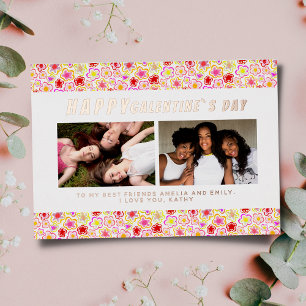 Flower Pattern Galentine`s Day Friends 2 Photo Foil Holiday Card