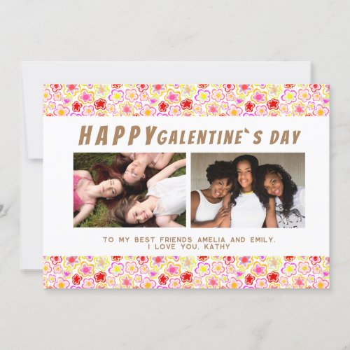 Flower Pattern Galentines Day Friends 2 Photo Holiday Card