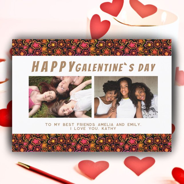 Flower Pattern Galentine`s Day Friends 2 Photo  Holiday Card (Creator Uploaded)