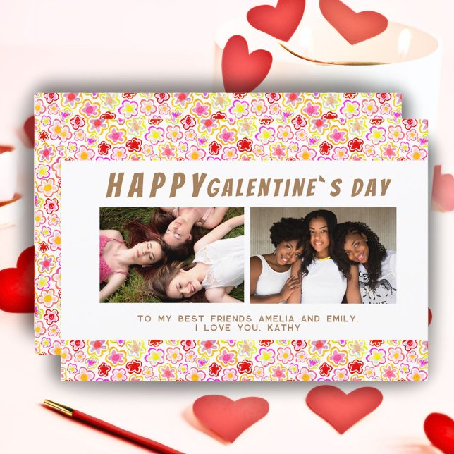 Flower Pattern Galentine`s Day Friends 2 Photo Holiday Card (Creator Uploaded)