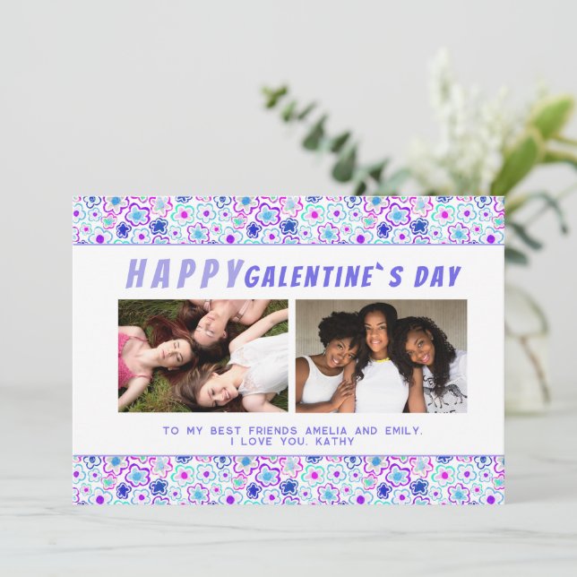 Flower Pattern Galentine`s Day Friends 2 Photo Holiday Card (Standing Front)