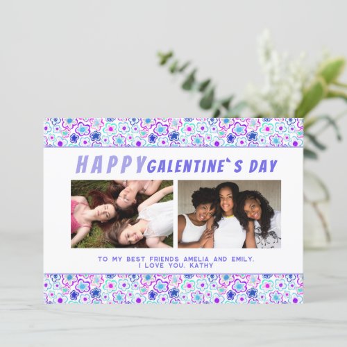 Flower Pattern Galentines Day Friends 2 Photo Holiday Card