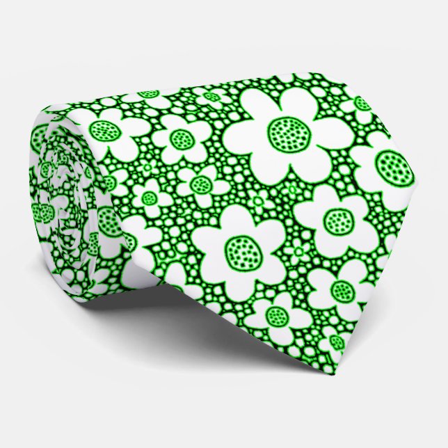 Flower Pattern - Green, Black and White Neck Tie (Rolled)