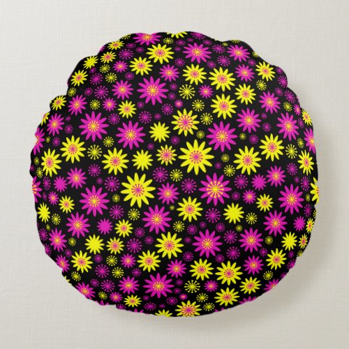 Flower Pattern _ Hot Pink Yellow and Black Round Pillow