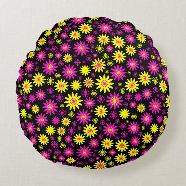Flower Pattern - Hot Pink, Yellow and Black Round Pillow (Front)