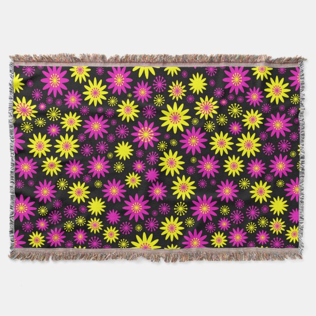 Flower Pattern - Hot Pink, Yellow and Black Throw Blanket (Front)