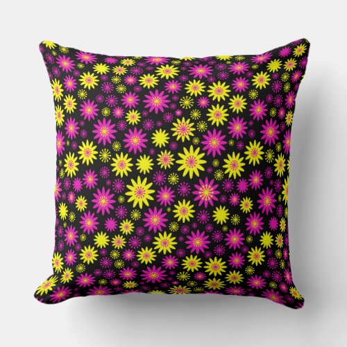 Flower Pattern _ Hot Pink Yellow and Black Throw Pillow