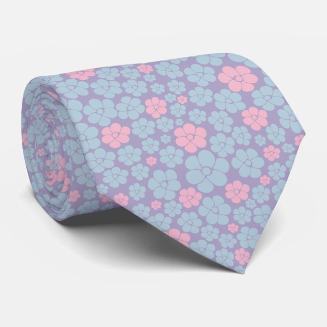 Flower Pattern in Blue, Lilac, and Pink Neck Tie (Rolled)