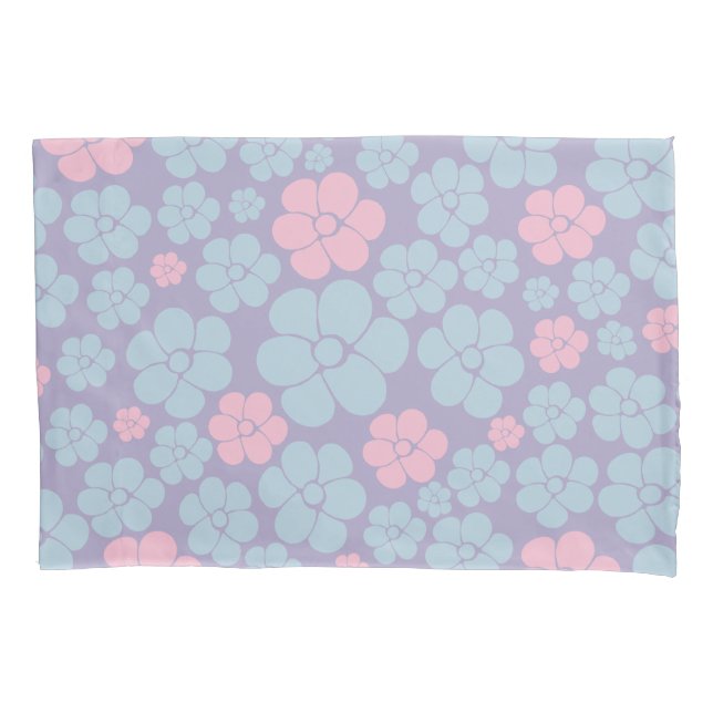 Flower Pattern in Blue, Lilac, and Pink Pillow Case (Front)