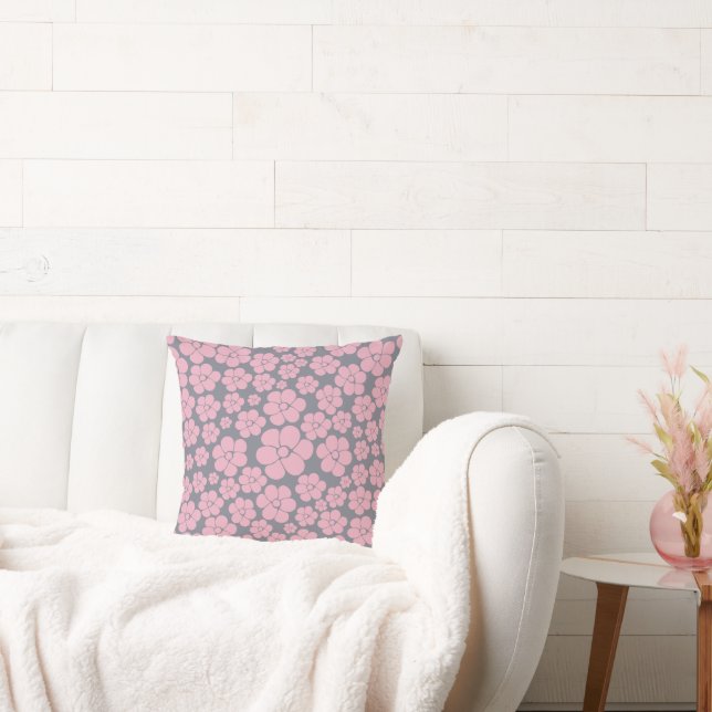 Flower Pattern in Grey and Pink Throw Pillow (Couch)