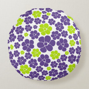 Flower Pattern in Lime Green and Purple Round Pillow