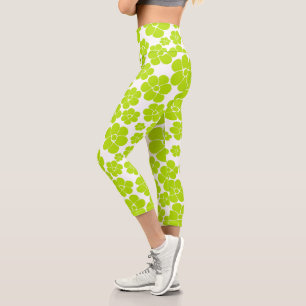 Flower Pattern in Lime Green and White  Capri Leggings