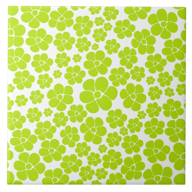 Flower Pattern in Lime Green and White  Ceramic Tile (Front)