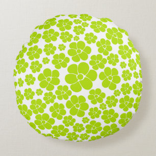 Flower Pattern in Lime Green and White Round Pillow