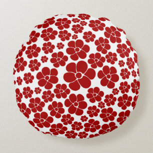 Flower Pattern in Red and White Round Pillow