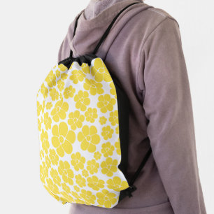 Flower Pattern - Lemon Yellow and White Drawstring Bag