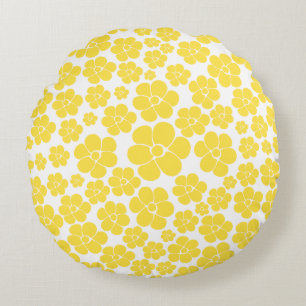 Flower Pattern - Lemon Yellow and White Round Pillow