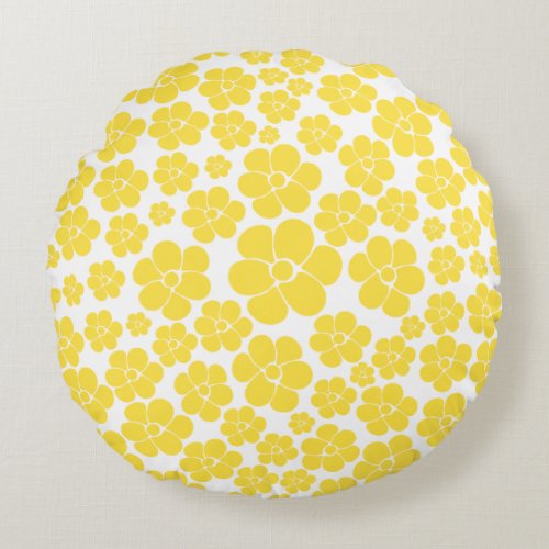 Flower Pattern _ Lemon Yellow and White Round Pillow