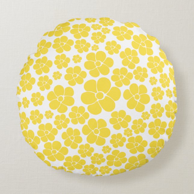 Flower Pattern - Lemon Yellow and White Round Pillow (Front)