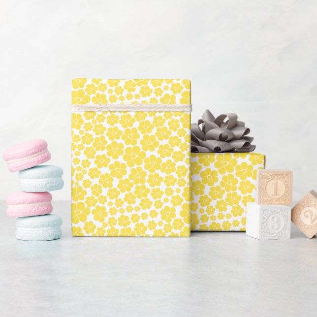 Flower Pattern - Lemon Yellow and White Wrapping Paper (Baby Shower)
